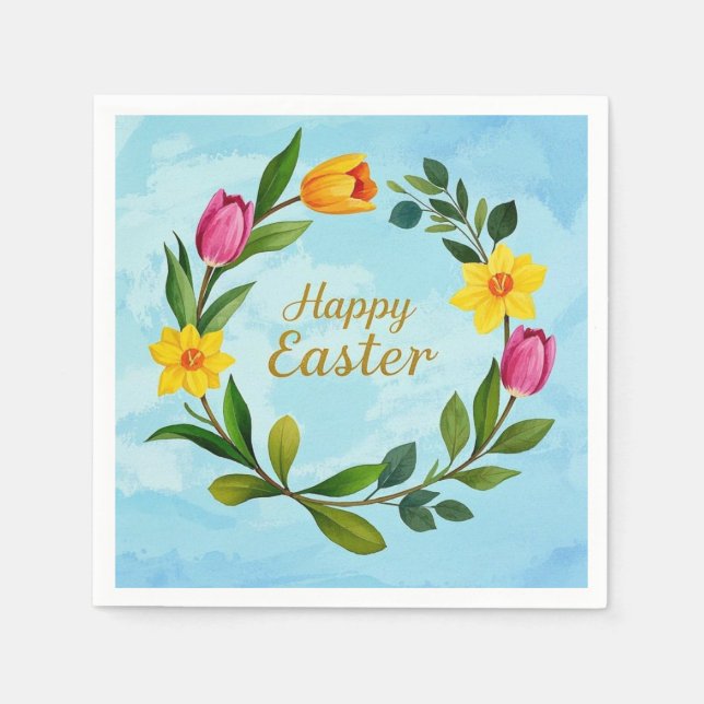 Happy Easter Watercolor wreath of tulips Napkin (Front)