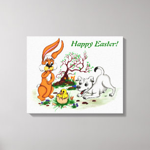 Happy Easter! Welpe, Küken, Hase Canvas Print