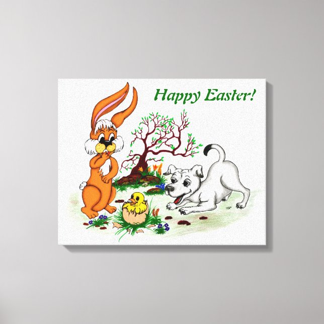 Happy Easter! Welpe, Küken, Hase Canvas Print (Front)