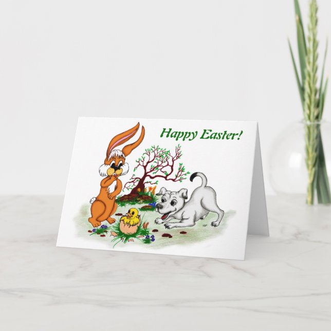 Happy Easter! Welpe, Küken, Hase Holiday Card (Front)