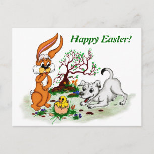 Happy Easter! Welpe, Küken, Hase Holiday Postcard