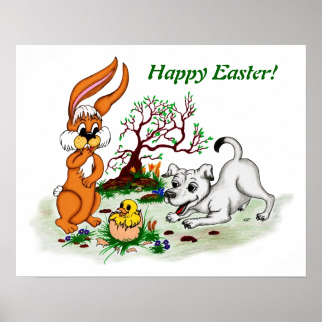 Happy Easter! Welpe, Küken, Hase Poster (Front)