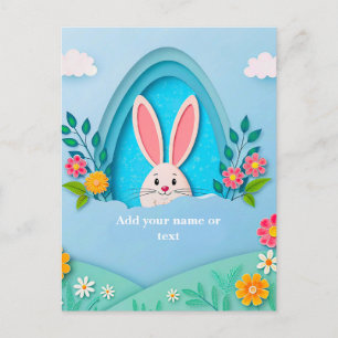 Happy Easter   Whimsical Easter Bunny and Floral Holiday Postcard
