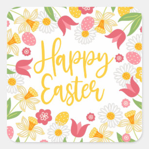 Happy Easter Whimsical Red Yellow Floral Square Sticker
