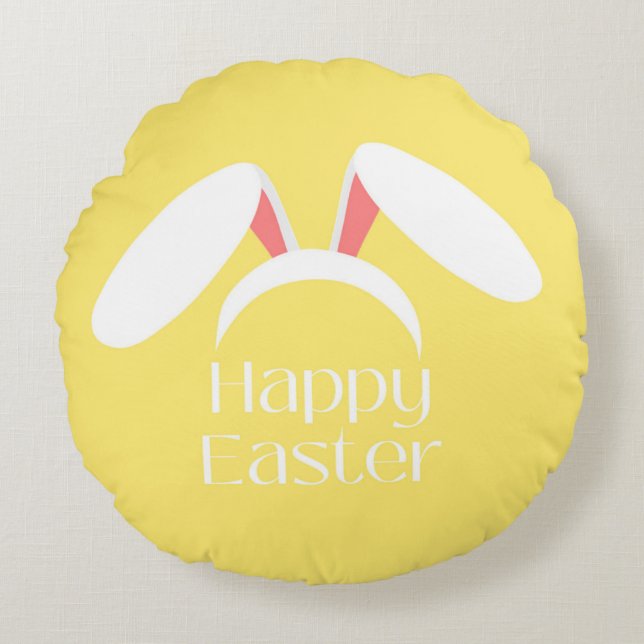 Happy Easter white bunny ears yellow Round Cushion (Front)