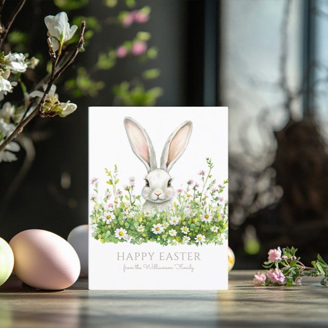 Happy Easter White Bunny Florals Personalised Card (Creator Uploaded)