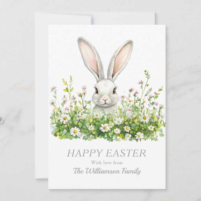 Happy Easter White Bunny Florals Personalised Holiday Card (Front)