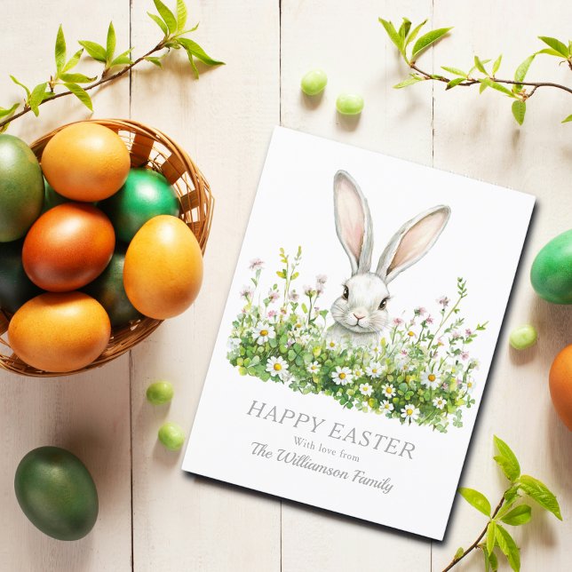 Happy Easter White Bunny Florals Personalised Holiday Postcard (Mockup showing front of Postcard design, back is blank for your own message)