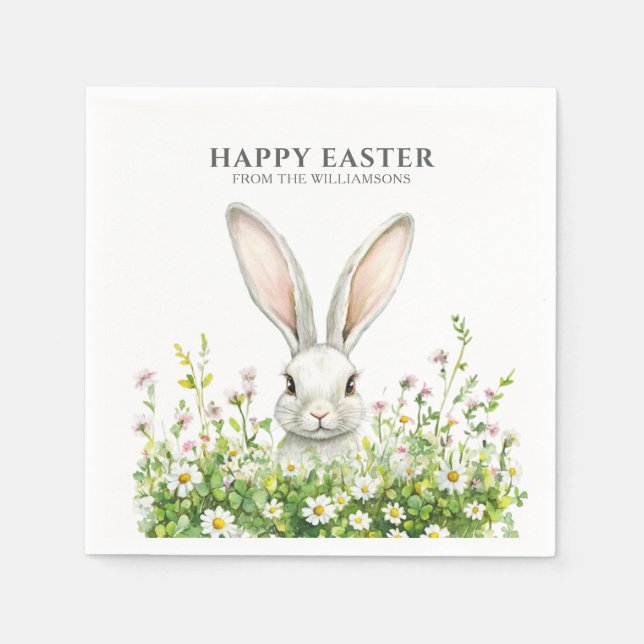 Happy Easter White Bunny Florals Personalised Napkin (Front)