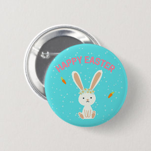 Happy Easter white bunny on blue 6 Cm Round Badge