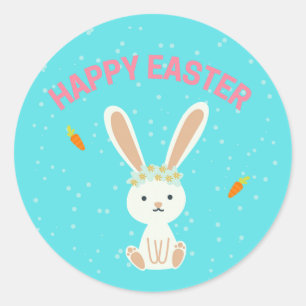 Happy Easter white bunny on blue Classic Round Sticker