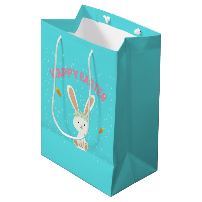 Happy Easter white bunny on blue Medium Gift Bag (Front Angled)