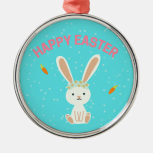 Happy Easter white bunny on blue Metal Tree Decoration