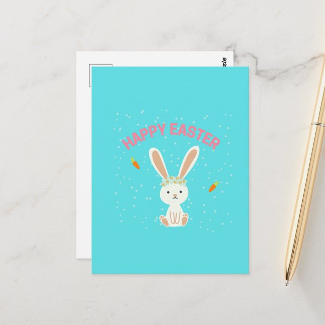 Happy Easter white bunny on blue Postcard (Front/Back In Situ)
