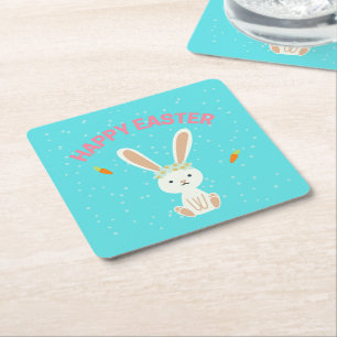 Happy Easter white bunny on blue Square Paper Coaster