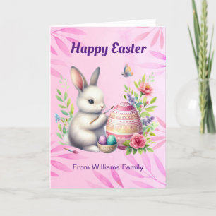 Happy Easter, White Bunny Painting an Easter egg Holiday Card