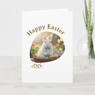 Happy Easter white bunny year photo family name  Card