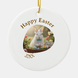Happy Easter white bunny year photo family name Ceramic Tree Decoration