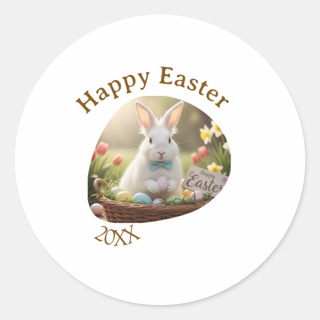 Happy Easter white bunny year photo family name  Classic Round Sticker (Front)