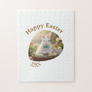 Happy Easter white bunny year photo family name Jigsaw Puzzle