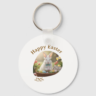 Happy Easter white bunny year photo family name  Key Ring