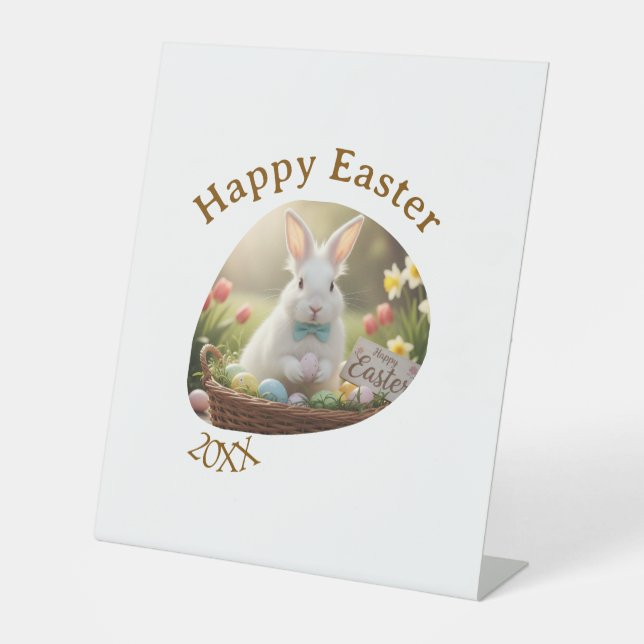 Happy Easter white bunny year photo family name  Pedestal Sign (Front)