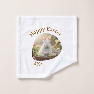 Happy Easter white bunny year photo family name Wash Cloth