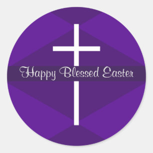 Happy Easter White Cross Purple Christian Classic Round Sticker