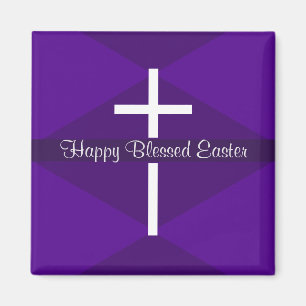 Happy Easter White Cross Purple Christian Magnet