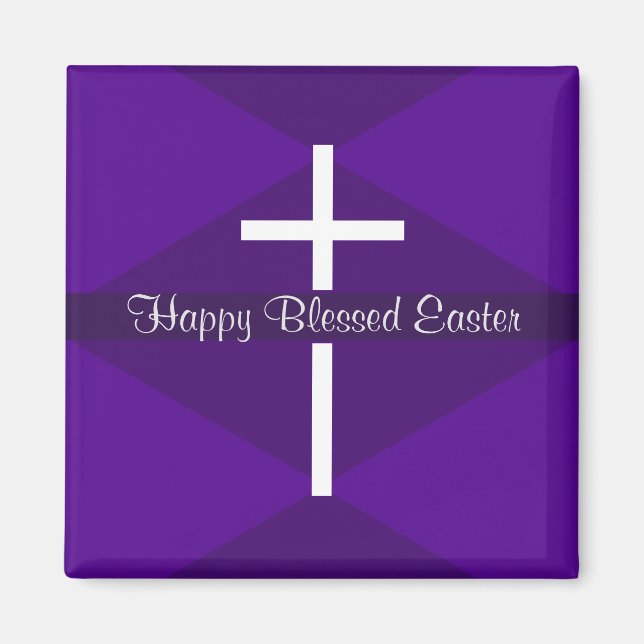 Happy Easter White Cross Purple Christian Magnet (Front)