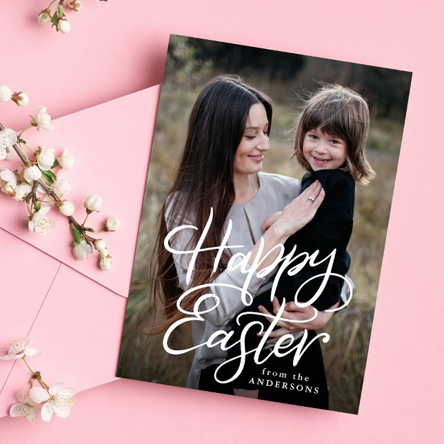Happy Easter White Hand-Lettered Script Photo Holiday Card (Creator Uploaded)