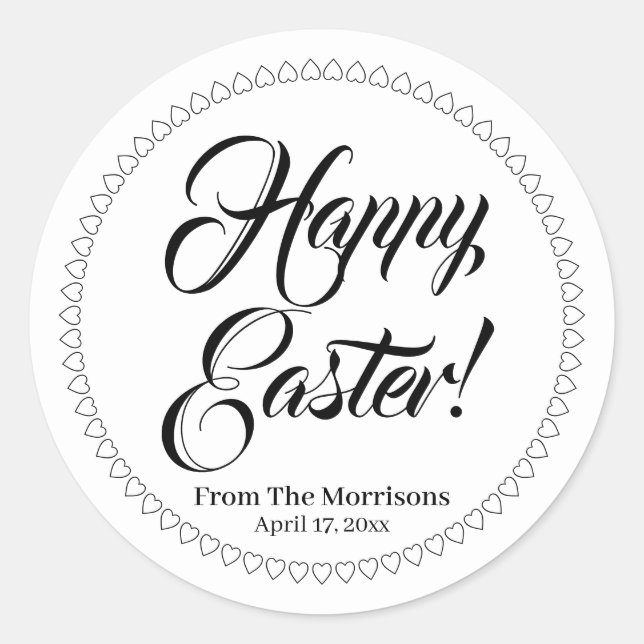 Happy Easter white hearts border custom script  Classic Round Sticker (Front)