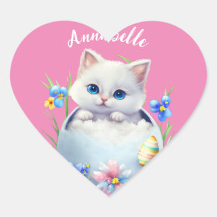 Happy Easter White Kitten with Flowers    Heart Sticker