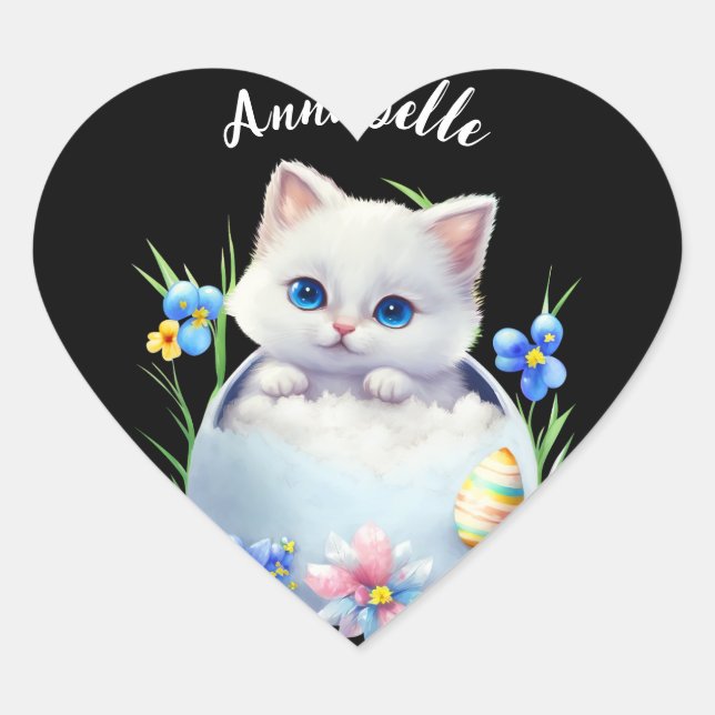 Happy Easter White Kitten with Flowers    Heart Sticker (Front)