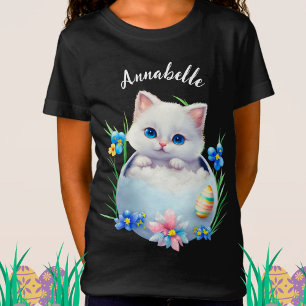 Happy Easter White Kitten with Flowers T-Shirt