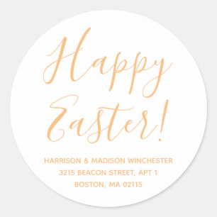 Happy Easter white orange script return address Classic Round Sticker