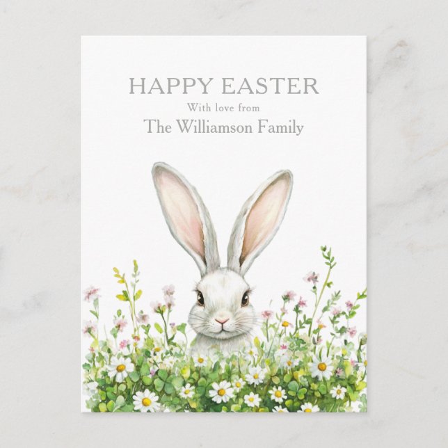 Happy Easter White Rabbit Florals Personalised Holiday Postcard (Front)