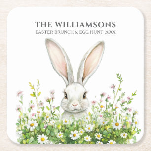 Happy Easter White Rabbit Florals Personalised Square Paper Coaster