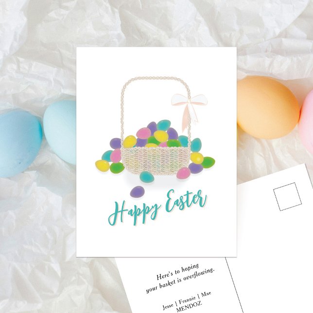Happy Easter Wicker Basket &  Pastel Eggs Spring Holiday Postcard (Creator Uploaded)