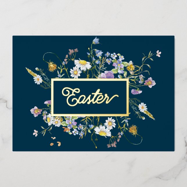 Happy Easter Wildflowers Gold Foil Holiday Card (Front)