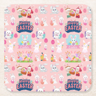 Happy Easter Wishes - Pattern Funny Bunny Easter   Square Paper Coaster