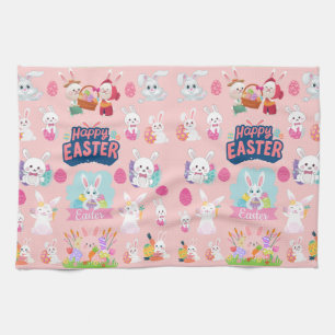 Happy Easter Wishes - Pattern Funny Bunny Easter Tea Towel