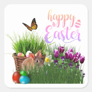 Happy Easter with Bunny Rabbit Holiday Square Sticker