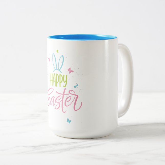 Happy Easter with butterflies Two-Tone Coffee Mug (Front Right)
