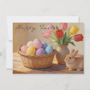 Happy Easter with Colourful Eggs and Tulips