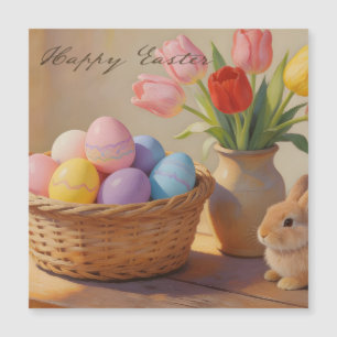 Happy Easter with Colourful Eggs and Tulips