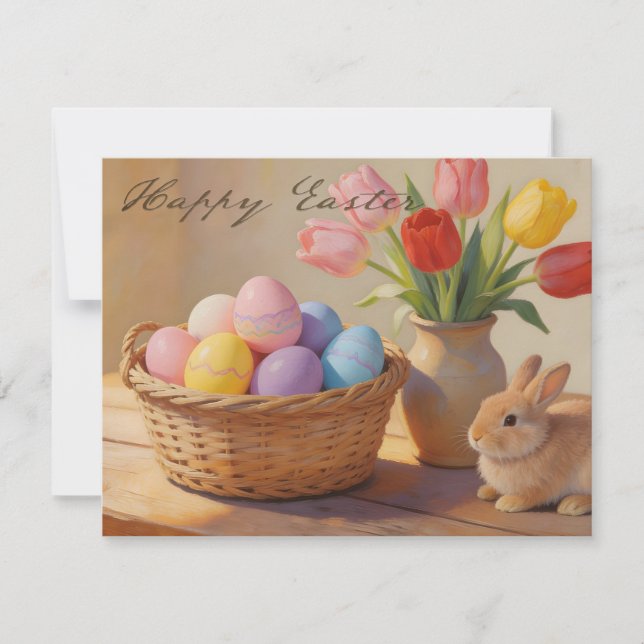 Happy Easter with Colourful Eggs and Tulips (Front)