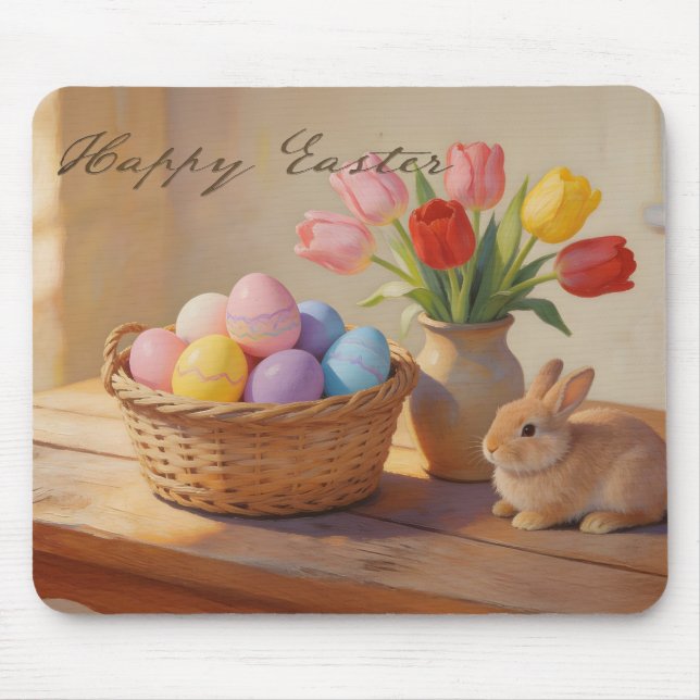 Happy Easter with Colourful Eggs and Tulips Mouse Mat (Front)