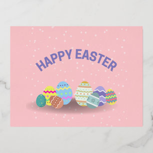 Happy Easter with colourful eggs pink Foil Holiday Postcard