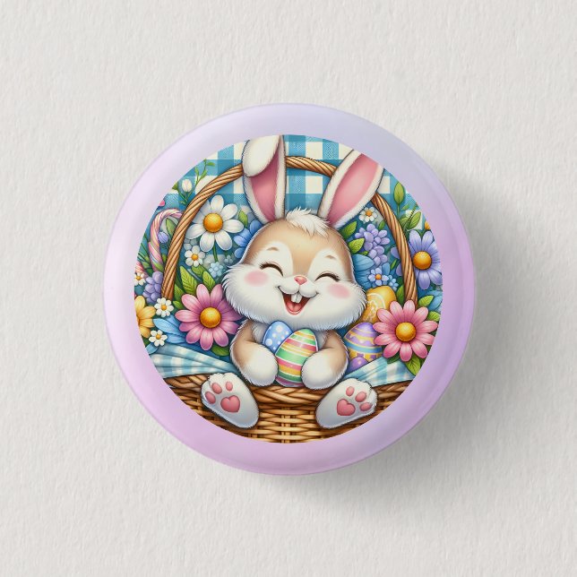 Happy Easter With Cute Bunny, Eggs, and Floral 3 Cm Round Badge (Front)